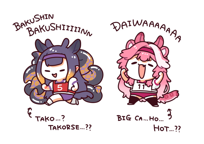 2girls, :d, absurdres, animal_ears, arms_up, arrow_(symbol), chibi, english_commentary