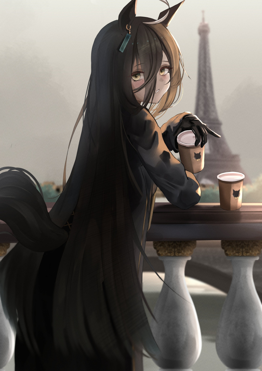 1girl, absurdres, ahoge, animal_ears, araca_ra, black_coat, black_gloves, black_hair