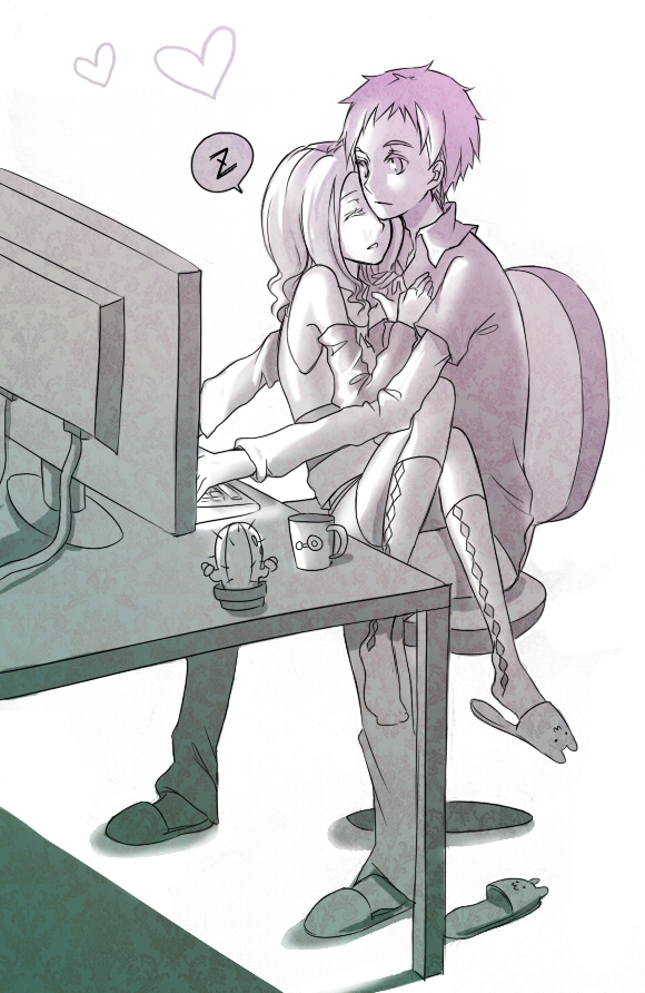 1boy, 1girl, argyle_legwear, bad_id, computer, couple, digimon, digimon_adventure