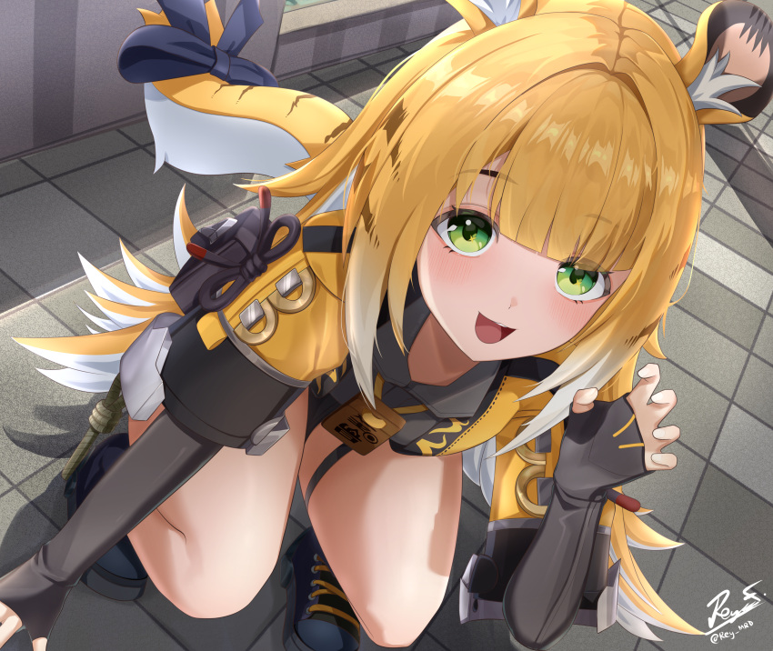 1girl, absurdres, animal_ears, artist_name, black_gloves, black_shorts, blue_shoes, blunt_bangs