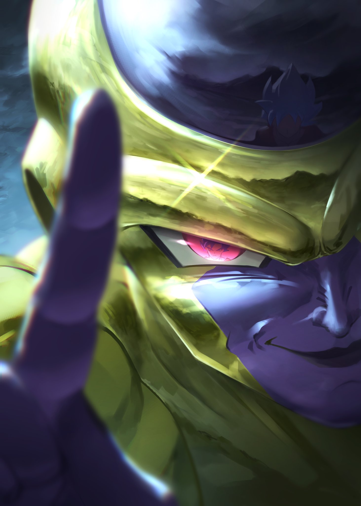 1boy, artist_collaboration, close-up, colored_skin, dragon_ball, dragon_ball_z, dragon_ball_z_fukkatsu_no_f, eye_reflection