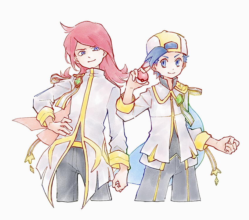 2boys, blue_eyes, clenched_hand, closed_mouth, commentary, ethan_(arc_suit)_(pokemon), ethan_(pokemon), gem
