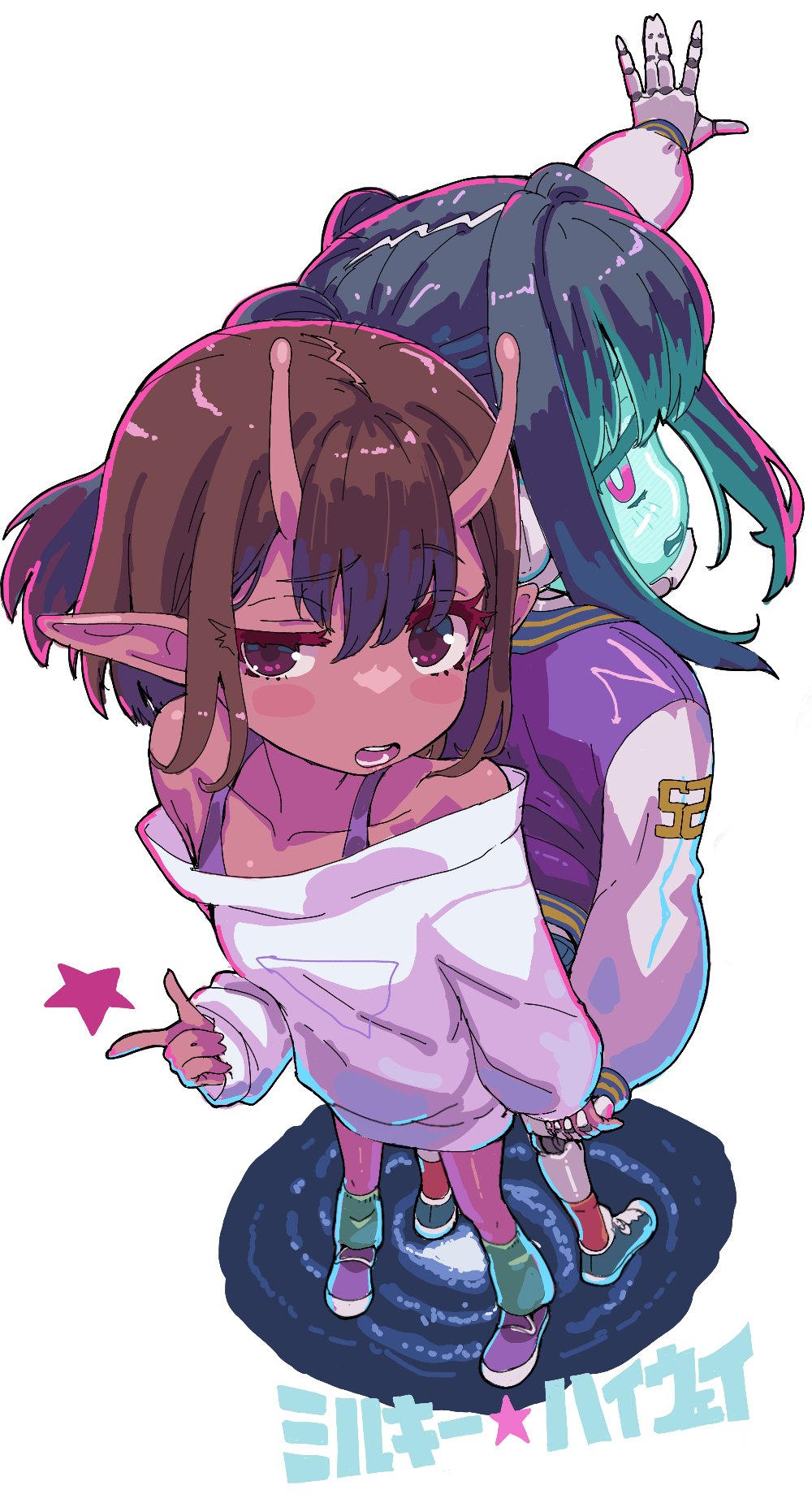 2girls, alien, android, antennae, badluck2033, bare_shoulders, black_hair, blush