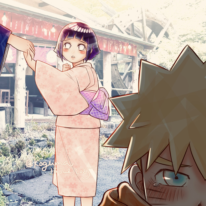 1boy, 1girl, aged_down, black_hair, blonde_hair, blue_eyes, child, highres, hyuuga_hinata, japanese_clothes, kimono, koguma_05, naruto_(series), pink_kimono, spiky_hair, tears, uzumaki_naruto, white_hair