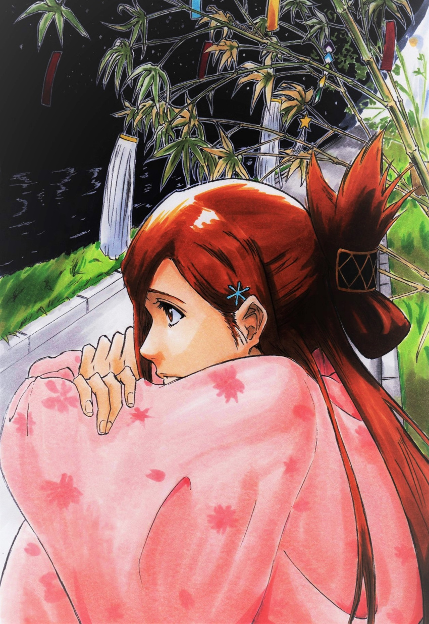 1girl, alpen_no_koyari, alternate_costume, alternate_hairstyle, bamboo, bleach, brown_eyes, brown_hair