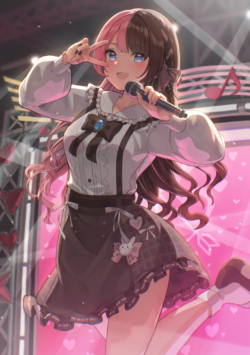 1girl, absurdres, black_bow, black_bowtie, black_hair, black_nails, black_skirt, blue_eyes