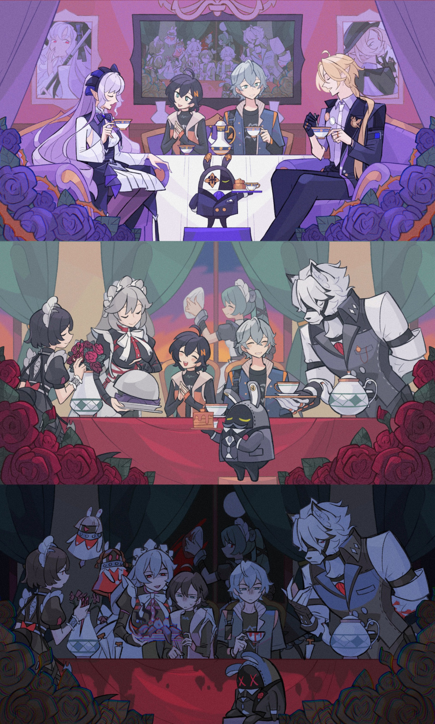 3boys, 5girls, absurdres, alexandrina_sebastiane, anastella_(zenless_zone_zero), animal_ears, bangboo_(zenless_zone_zero), belle_(zenless_zone_zero), black_hair, blonde_hair, breasts, brother_and_sister, butler_(zenless_zone_zero), commentary, corin_wickes, cup, drusilla_(zenless_zone_zero), ellen_joe, english_commentary, flower, furry, furry_male, green_hair, grey_hair, grin, hair_between_eyes, hair_ornament, highres, holding, holding_cup, hoyofair, hugo_vlad, indoors, letter_hair_ornament, long_hair, maid, maid_headdress, megane98, moon, multiple_boys, multiple_girls, necktie, pointy_ears, portrait_(object), puffy_short_sleeves, puffy_sleeves, purple_flower, purple_hair, purple_necktie, purple_rose, purple_shirt, red_eyes, red_flower, red_rose, robin_(zenless_zone_zero), rose, screw_hair_ornament, serving_dome, shirt, short_sleeves, siblings, sideboob_cutout, smile, sweatdrop, table, teacup, teapot, tentacles, twintails, violet_eyes, vivian_banshee, von_lycaon, window, wise_(zenless_zone_zero), withered, wolf_ears, x_x, zenless_zone_zero