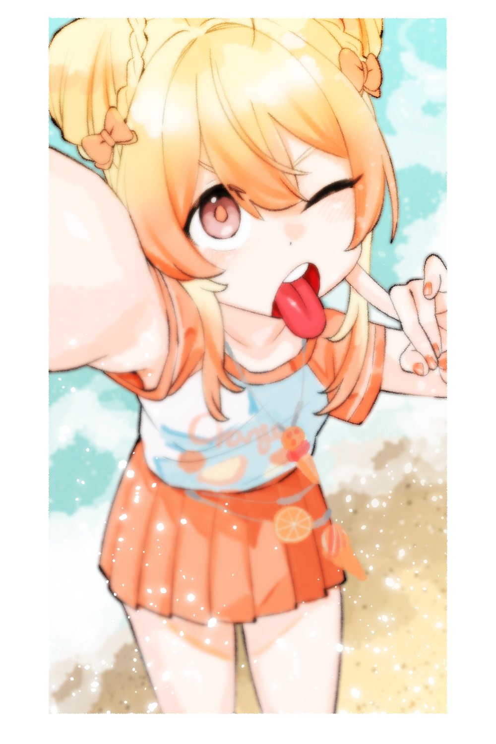 1girl, akanbe, beach, blonde_hair, border, bow, cowboy_shot, day