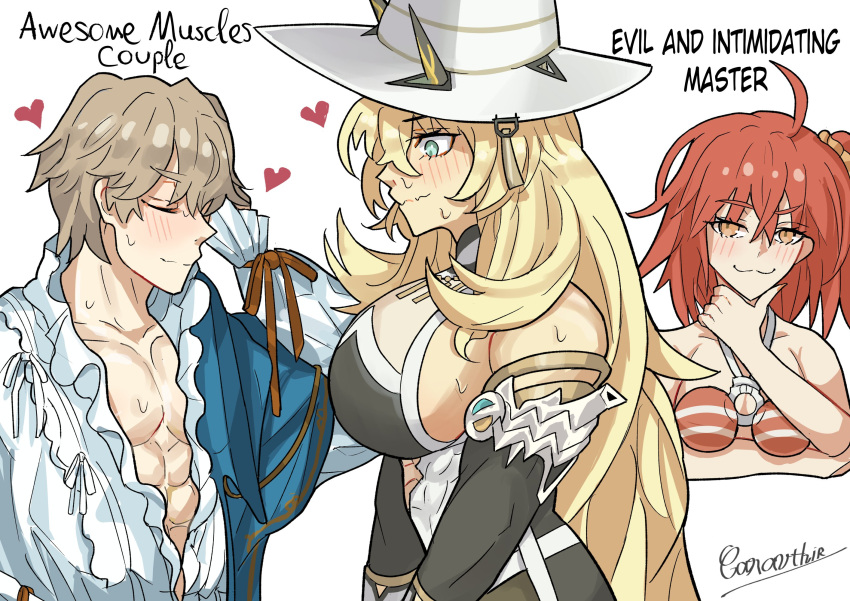 1boy, 2girls, abs, ahoge, barghest_(fate), blonde_hair, blush, breasts, caravthir, closed_eyes, closed_mouth, english_text, fate/grand_order, fate_(series), fujimaru_ritsuka_(female), fujimaru_ritsuka_(female)_(brilliant_summer), gawain_(fate), green_eyes, hair_ornament, hair_scrunchie, heart, highres, huge_breasts, long_hair, multiple_girls, open_clothes, open_shirt, orange_eyes, orange_hair, scrunchie, short_hair, sideboob, signature, small_breasts, swimsuit, very_long_hair