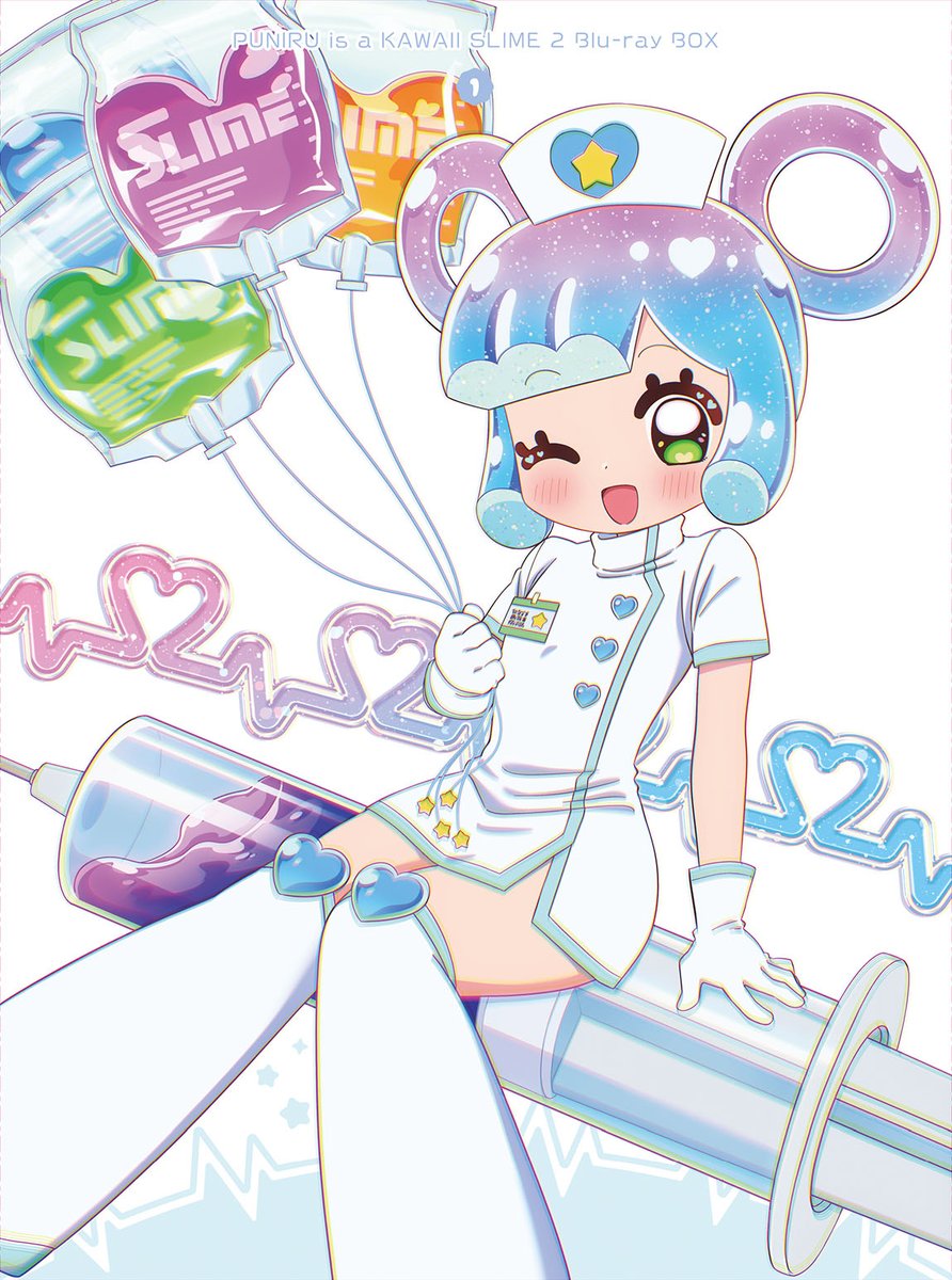 1girl, ;d, blue_hair, boots, dress, gloves, green_eyes, hair_rings