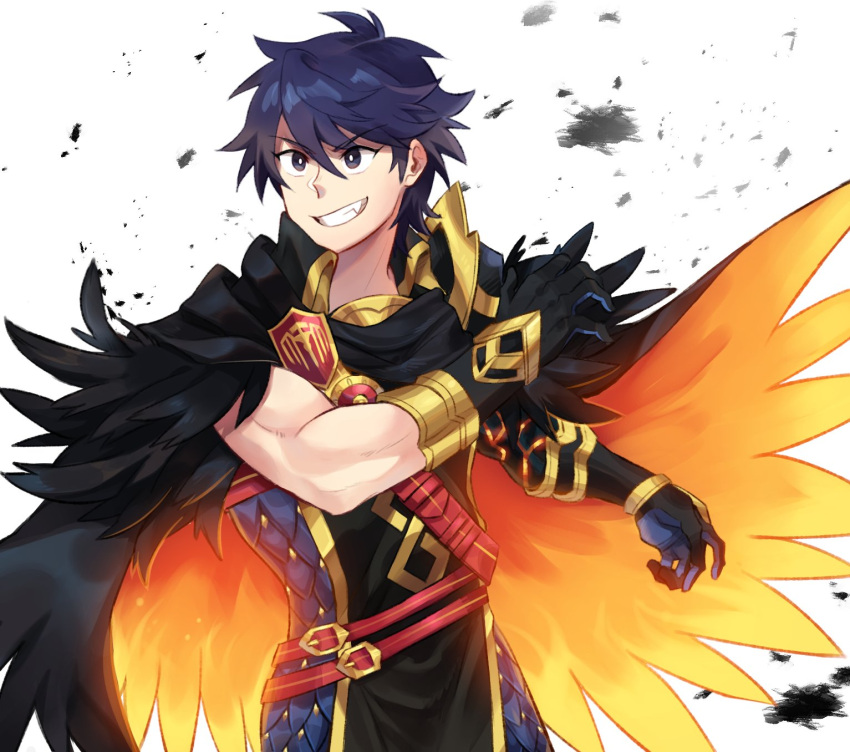 1boy, biceps, black_gloves, chrom_(fire_emblem), chrom_(resplendent)_(fire_emblem), english_commentary, feather_cape, fire_emblem
