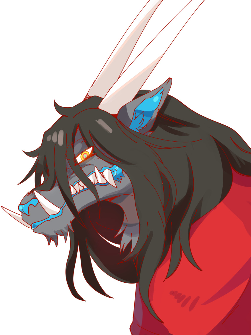 1boy, absurdres, black_hair, clenched_teeth, cloak, dragon_boy, dragon_ears, dragon_horns
