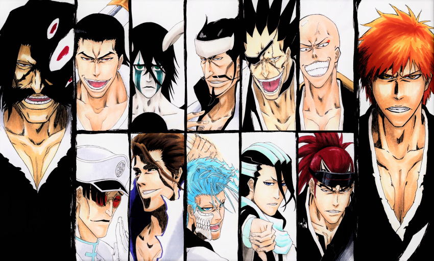 6+boys, :d, abarai_renji, aizen_sousuke, alpen_no_koyari, anger_vein, bald, black_choker, black_hair, black_kimono, black_sclera, bleach, bleach:_sennen_kessen-hen, blue_eyes, blue_hair, brown_eyes, brown_hair, chest_tattoo, choker, clenched_teeth, closed_mouth, collarbone, colored_sclera, colored_skin, commentary_request, dordoni_alessandro_del_socaccio, evil_grin, evil_smile, extra_ears, eyebrows_hidden_by_hair, eyepatch, facial_hair, facial_mark, fang, forehead, forehead_tattoo, ginjou_kuugo, glasses, gloves, goatee, green_eyes, grimmjow_jaegerjaquez, grin, hair_between_eyes, hair_slicked_back, hand_up, haori, hat, highres, hole_in_chest, hole_on_body, japanese_clothes, kimono, kubo_tite_(style), kuchiki_byakuya, kurosaki_ichigo, lips, long_hair, looking_at_viewer, madarame_ikkaku, male_focus, military_hat, motion_lines, multiple_boys, mustache, neck_tattoo, nose, official_style, old, old_man, one_eye_covered, open_mouth, orange_hair, parted_lips, peaked_cap, ponytail, quilge_opie, red-tinted_eyewear, red_eyes, red_hair, round_eyewear, serious, short_eyebrows, short_hair, simple_background, slit_pupils, smile, spiky_hair, sunken_cheeks, taichou_haori, tattoo, teeth, thick_eyebrows, tinted_eyewear, tongue, tsurime, ulquiorra_cifer, upper_body, v-shaped_eyebrows, white_background, white_gloves, white_haori, white_hat, white_skin, wide-eyed, yellow_eyes, yhwach, zabimaru_(shikai), zaraki_kenpachi