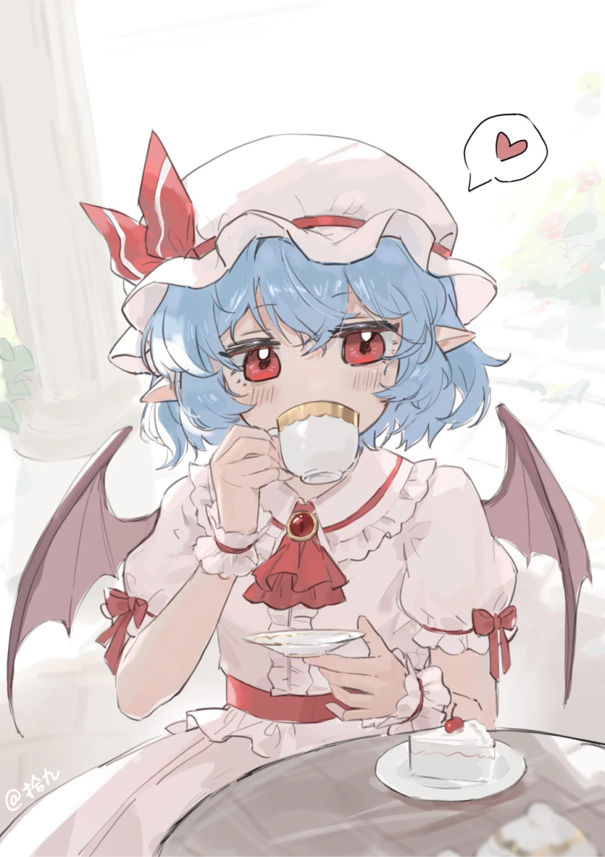 1girl, ascot, bat_wings, bilibili_username, blue_hair, blush, cake, cake_slice