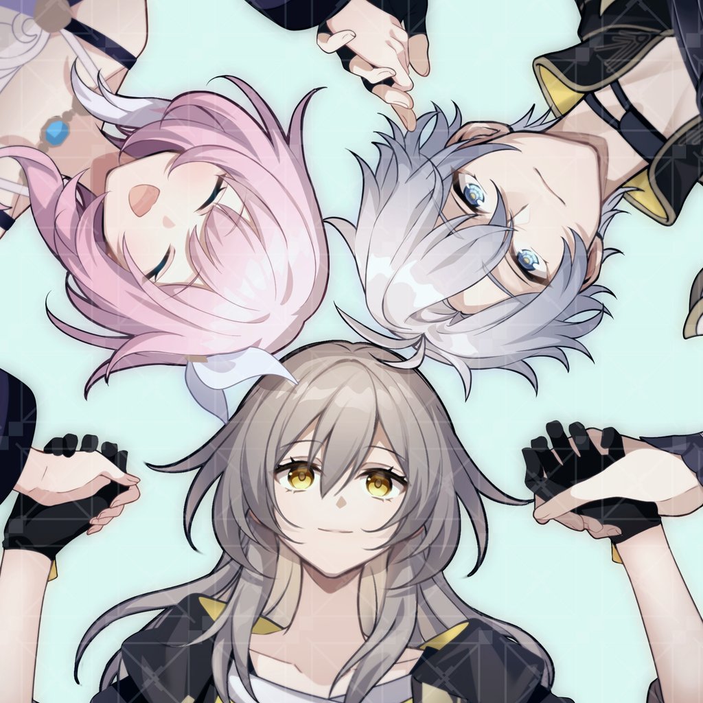 1boy, 2girls, bare_shoulders, black_coat, black_gloves, blue_background, blue_eyes, bon@villa