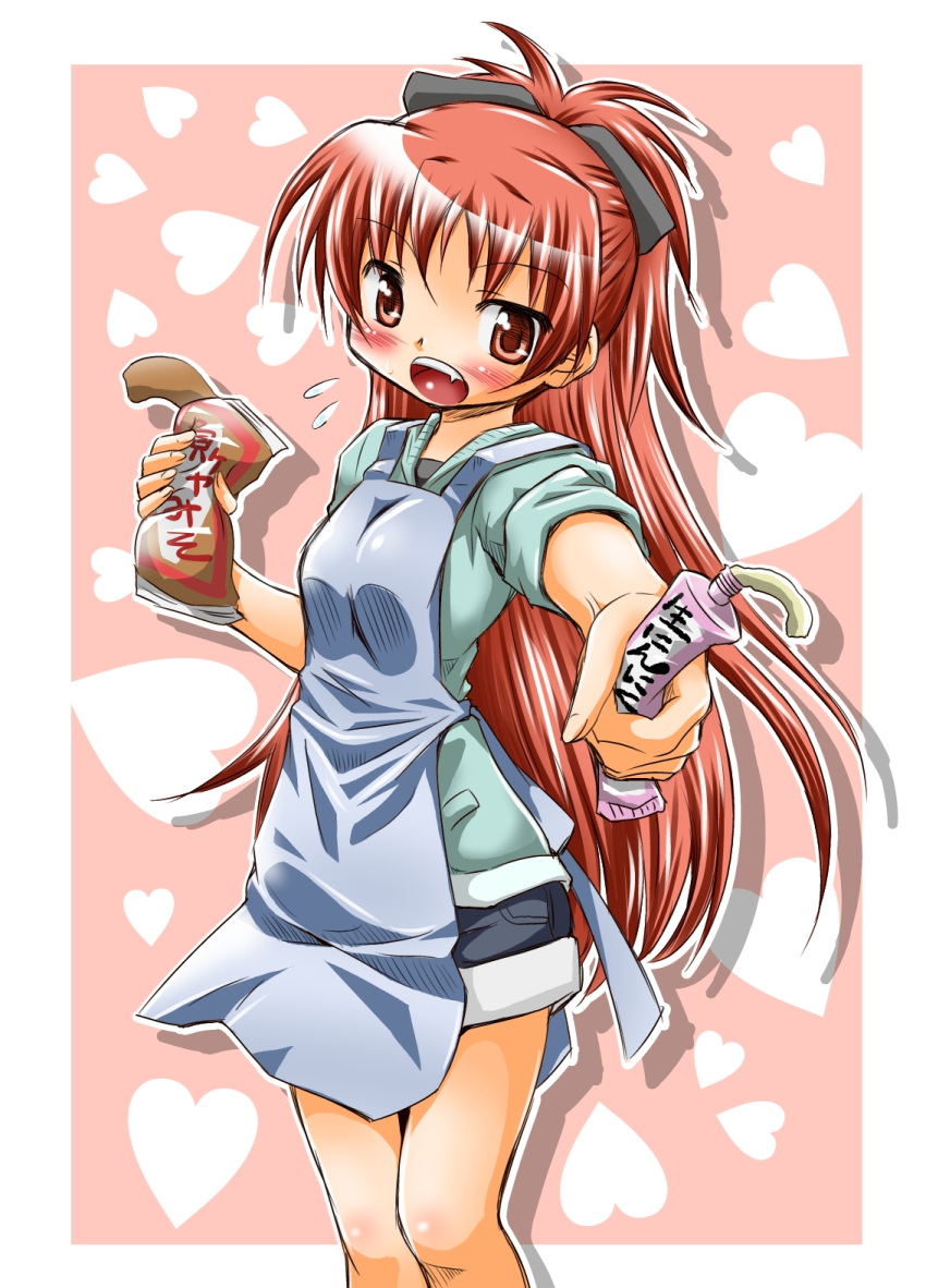 blush, bow, food, hair_bow, highres, long_hair, mahou_shoujo_madoka_magica, ponytail