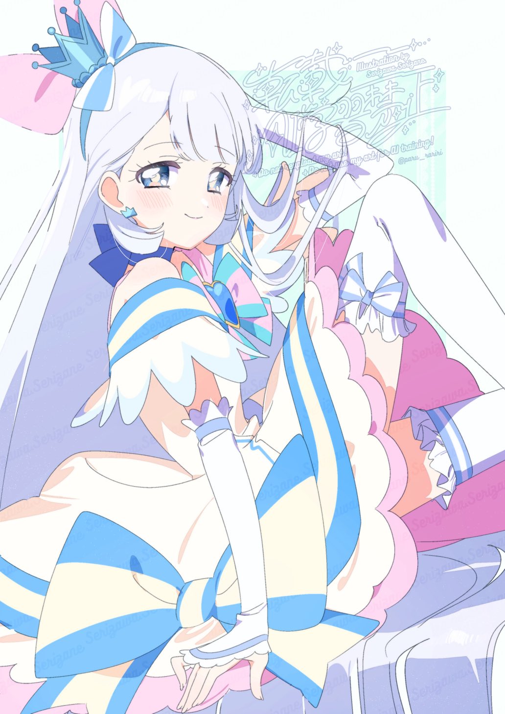 1girl, adversarial_noise, aqua_background, bare_shoulders, blue_bow, blue_brooch, blue_choker, blue_crown
