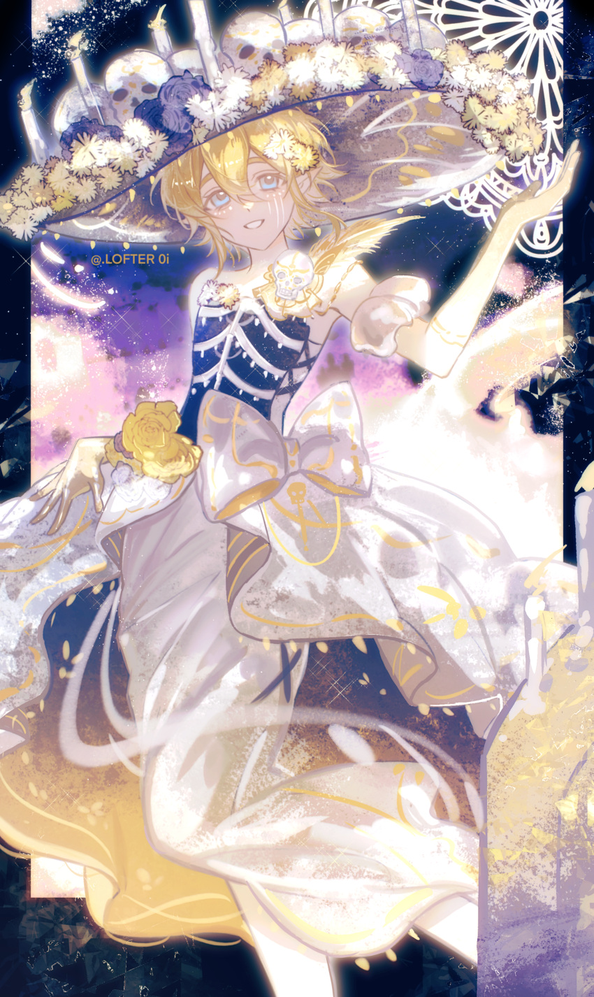 1boy, absurdres, alternate_costume, aotu_world, armband, artist_name, bird, black_hat