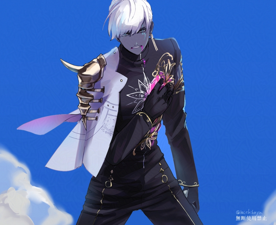 1boy, armor, black_gloves, black_pants, black_shirt, blood, blood_on_face, blue_eyes