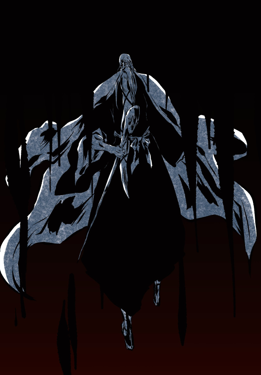1boy, bald, beard, beard_ribbon, bleach, dark, facial_hair, full_body, haori, highres, holding, holding_staff, japanese_clothes, ken_hollow, male_focus, monochrome, mustache, old, old_man, shadow, solo, staff, taichou_haori, yamamoto-genryuusai_shigekuni