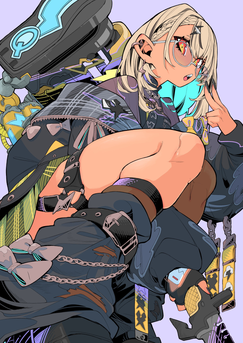 1girl, absurdres, black_gloves, black_jacket, black_nails, black_shirt, blonde_hair, bow