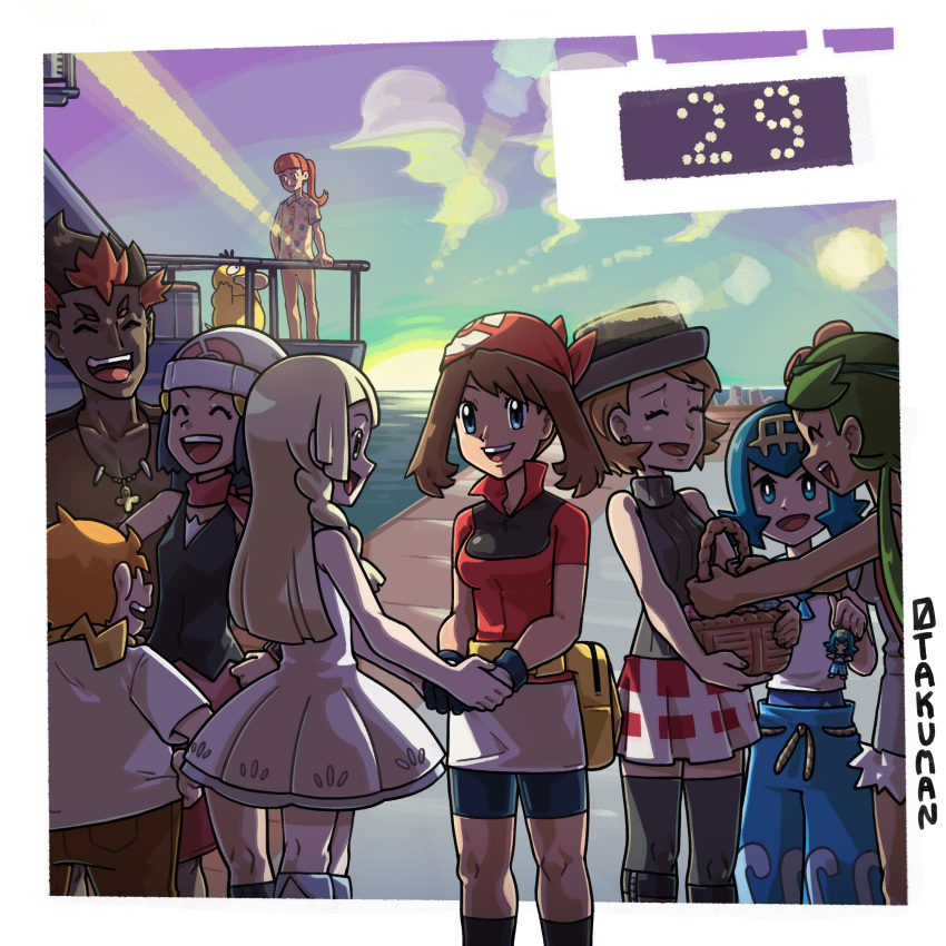 2boys, 6+girls, :d, ^_^, absurdres, aria_(pokemon_anime), artist_name, bandana, bare_arms, basket, black_boots, black_shirt, black_socks, blonde_hair, blue_eyes, blue_hair, blue_pants, blue_shorts, blunt_bangs, boots, braid, brown_hair, closed_eyes, collarbone, dark-skinned_female, dark_skin, dress, earrings, eye_contact, green_hair, grey_hat, grey_shirt, grey_sweater, grey_thighhighs, hat, highres, hikari_(pokemon), holding_hands, jewelry, kiawe_(pokemon), knee_boots, kneehighs, lana_(pokemon), long_hair, looking_at_another, low_twintails, mallow_(pokemon), may_(pokemon), miniskirt, multicolored_hair, multiple_boys, multiple_girls, orange_hair, otakuman, pants, pendant, pink_hair, pink_scarf, pink_skirt, plaid_clothes, plaid_skirt, poke_ball_print, pokemon, pokemon_(anime), pokemon_(creature), pokemon_dppt_(anime), pokemon_rse_(anime), pokemon_sm_(anime), pokemon_xy_(anime), ponytail, print_hat, psyduck, red_bandana, ribbed_sweater, scarf, serena_(pokemon), shirt, short_dress, short_hair, shorts, shorts_under_skirt, skirt, sleeveless, sleeveless_dress, sleeveless_shirt, sleeveless_sweater, sleeveless_turtleneck_sweater, smile, socks, sophocles_(pokemon), standing, sunrise, sweater, thigh-highs, topless_male, turtleneck, turtleneck_sweater, twintails, two-tone_hair, white_dress, white_hat, white_shirt, white_skirt, zettai_ryouiki