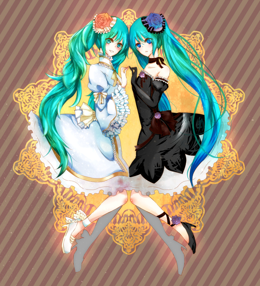 aqua_hair, bad_id, deruta, dress, dual_persona, elbow_gloves, formal, gloves, hatsune_miku, highres, long_hair, mirror_opposites, symmetry, twintails, very_long_hair, vocaloid