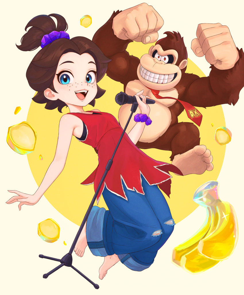 1girl, absurdres, ape, barefoot, blue_eyes, blue_pants, bracelet, brown_hair, donkey_kong, donkey_kong_(series), donkey_kong_bananza, freckles, gorilla, hair_ornament, highres, jewelry, looking_at_viewer, microphone, necktie, open_mouth, pants, pauline_(mario), pauline_(young)_(mario), red_necktie, red_shirt, scrunchie, shirt, sleeveless, smile, teeth, truejekart, wrist_scrunchie