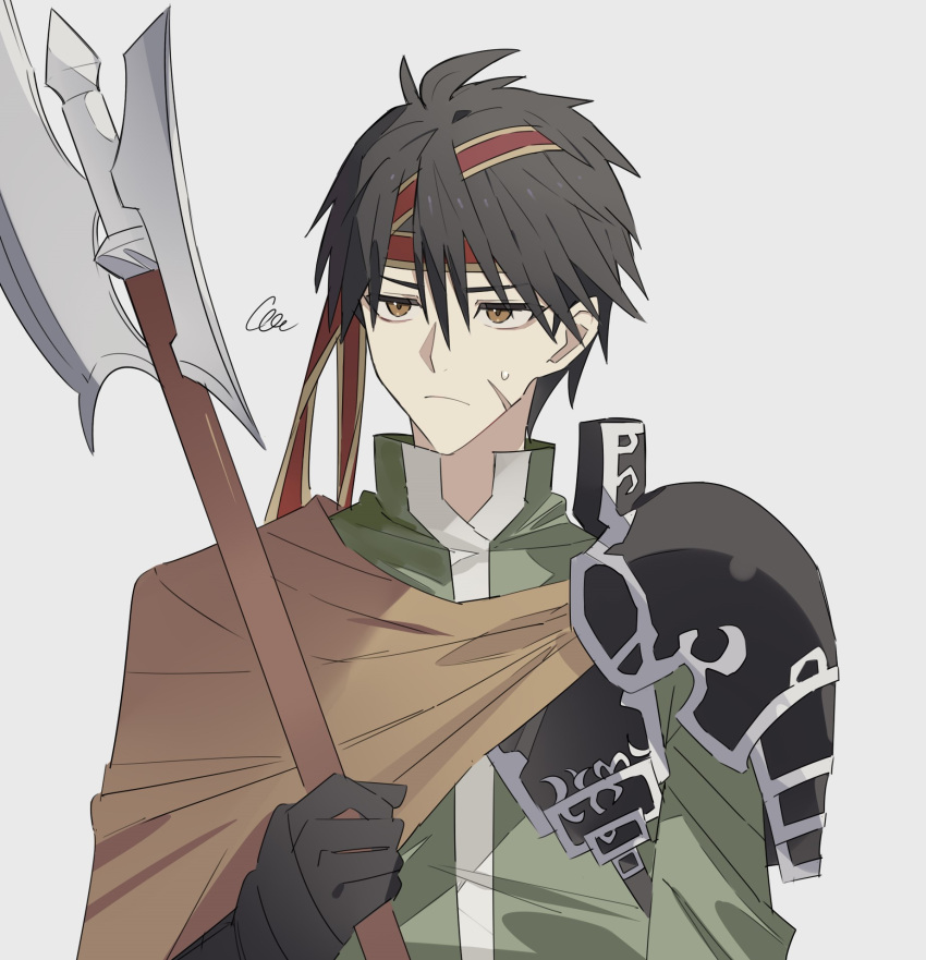 1boy, armor, black_hair, brown_eyes, closed_mouth, commentary_request, frown, geis_(ys)