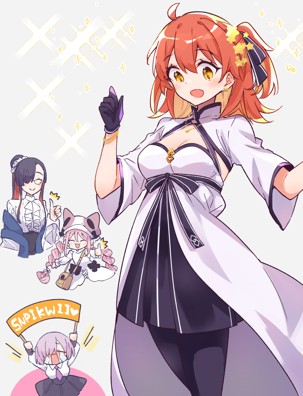 4girls, :d, =_=, ^_^, ahoge, bangle, black_bow, black_gloves, black_hair, black_pantyhose, black_skirt, bow, bracelet, braid, brown_bag, center_frills, chaldea_logo, cleavage_cutout, closed_eyes, closed_mouth, clothing_cutout, collared_dress, collared_shirt, colored_inner_hair, commentary, crying, dress, dress_bow, earrings, fate/grand_order, fate_(series), frilled_sleeves, frills, fujimaru_ritsuka_(female), fujimaru_ritsuka_(female)_(fgo_fes._2025), glasses, gloves, grey_background, habetrot_(fate), habetrot_(fgo_fes._2025)_(fate), hair_bow, hair_ornament, hair_over_one_eye, hand_up, hands_up, high_collar, high_ponytail, highres, holding, holding_sign, jewelry, kak_hac, long_sleeves, low_twin_braids, mash_kyrielight, mash_kyrielight_(fgo_fes._2025), miss_crane_(fate), miss_crane_(fgo_fes._2025)_(fate), multicolored_hair, multiple_girls, necktie, open_mouth, orange_hair, pantyhose, pink_hair, pleated_skirt, ponytail, purple_hair, purple_necktie, red_hair, shirt, short_hair, side_ponytail, sign, simple_background, skirt, smile, sparkle, star_(symbol), star_earrings, star_hair_ornament, striped_bow, symbol-only_commentary, thumbs_up, twin_braids, white_dress, white_shirt, wide_sleeves, wing_collar, yellow_eyes