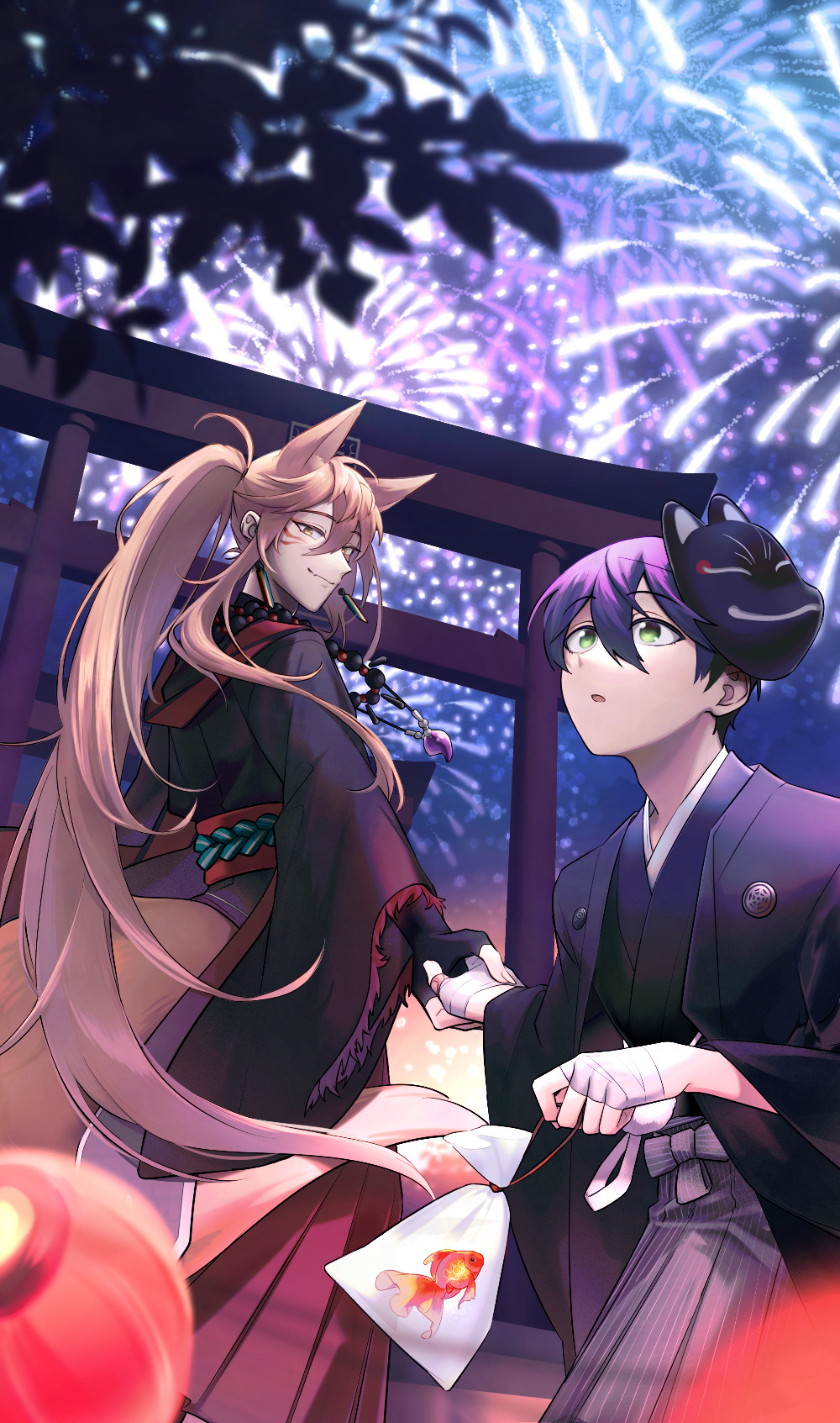 aerial_fireworks, animal_ears, bag, bagged_fish, brown_hair, character_request, copyright_request, fireworks