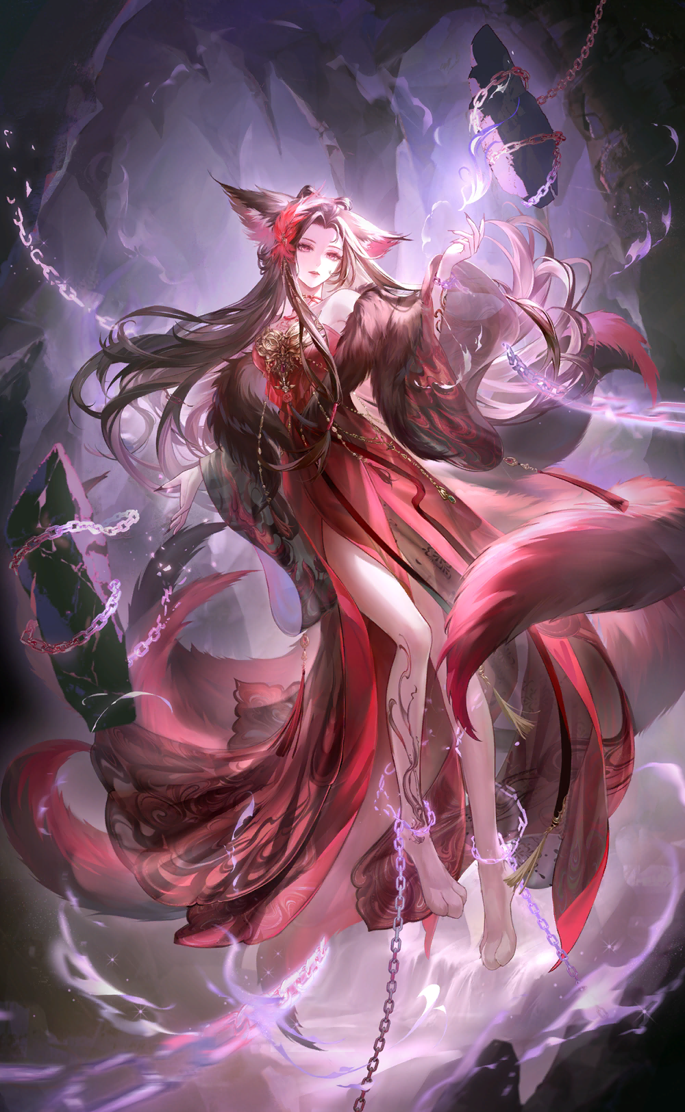 1girl, animal_ears, animal_feet, artist_request, bangs_pinned_back, bare_legs, barefoot, black_robe