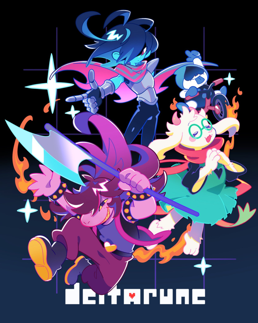1girl, 1other, 2boys, animal_ears, armlet, armor, axe, bicycle, bigizumi, black_boots, blue_background, blue_hair, blue_skin, boots, bracelet, breastplate, cape, closed_eyes, colored_skin, copyright_name, deltarune, fangs, fire, freckles, full_body, furry, furry_female, furry_male, glasses, goat_boy, goat_ears, goat_horns, gradient_background, green-framed_eyewear, grin, group_picture, hair_over_one_eye, highres, holding, holding_axe, horns, jewelry, kris_(dark_world)_(deltarune), kris_(deltarune), lancer_(deltarune), long_hair, multiple_boys, one_eye_covered, open_mouth, pants, pink_cape, pink_skin, pointing, pointing_forward, purple_hair, purple_pants, ralsei, red_eyes, round_eyewear, short_hair, skin_fangs, smile, spiked_armlet, spiked_bracelet, spikes, susie_(dark_world)_(deltarune), susie_(deltarune), tongue, tongue_out, violet_eyes