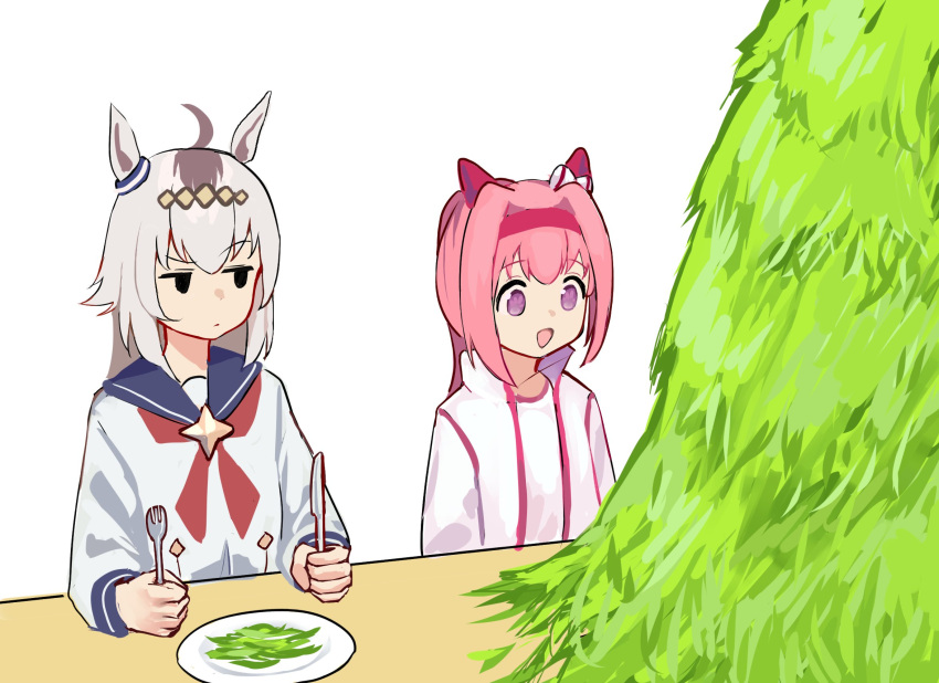 2girls, ahoge, animal_ears, blue_sailor_collar, brown_hair, fork, grass, grey_hair