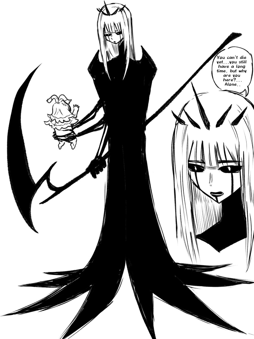 2girls, baby, english_text, facial_mark, highres, holding, holding_scythe, hololive