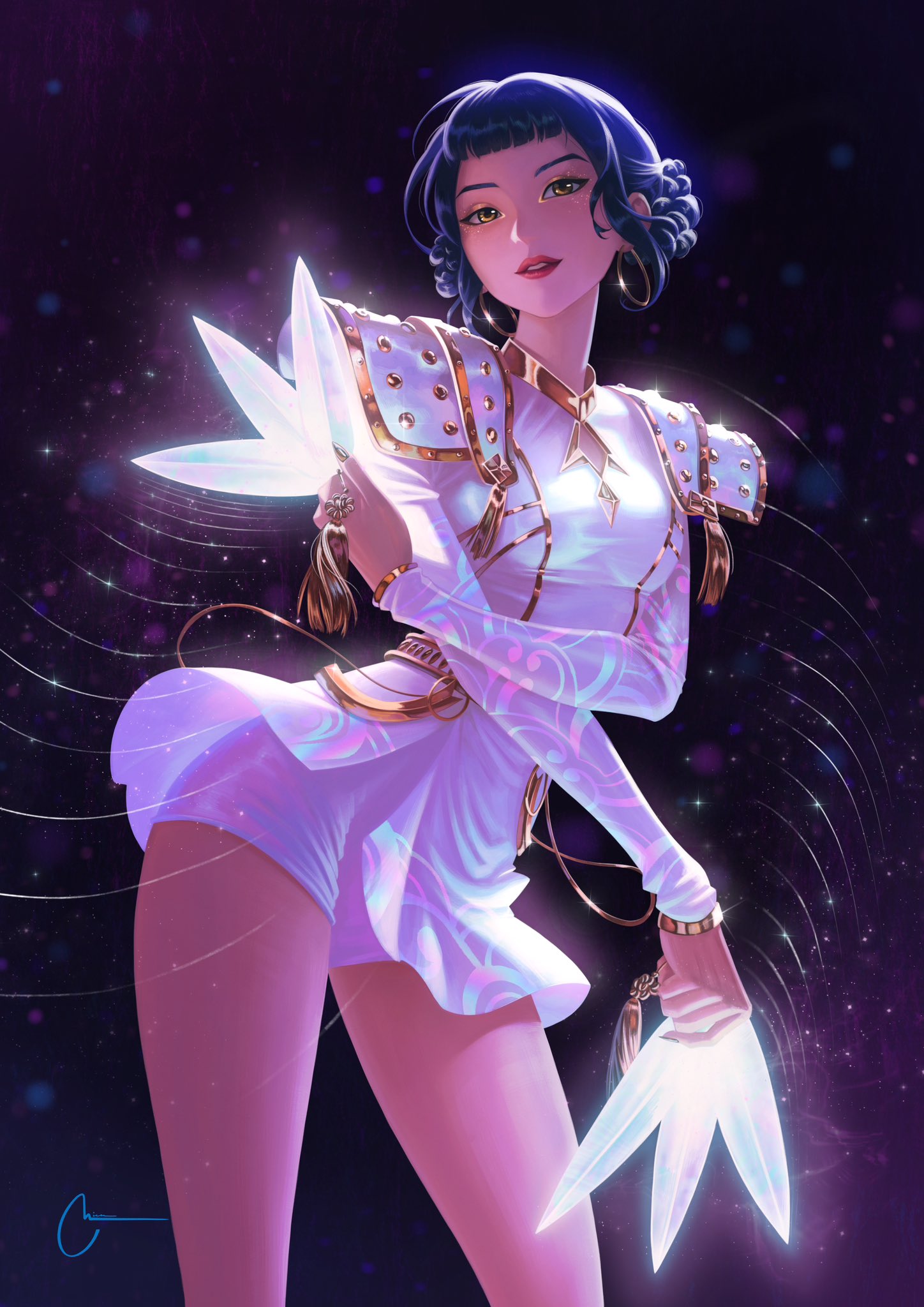 armor, artnikita, black_hair, dagger, dark_background, double_bun, earrings, glowing, glowing_weapon, hair_bun, highres, holding, holding_dagger, holding_knife, holding_weapon, hoop_earrings, jewelry, knife, kpop_demon_hunters, looking_at_viewer, parted_lips, short_shorts, shorts, shorts_under_skirt, shoulder_armor, skirt, thighs, weapon, white_shorts, white_skirt, zoey_(kpop_demon_hunters)