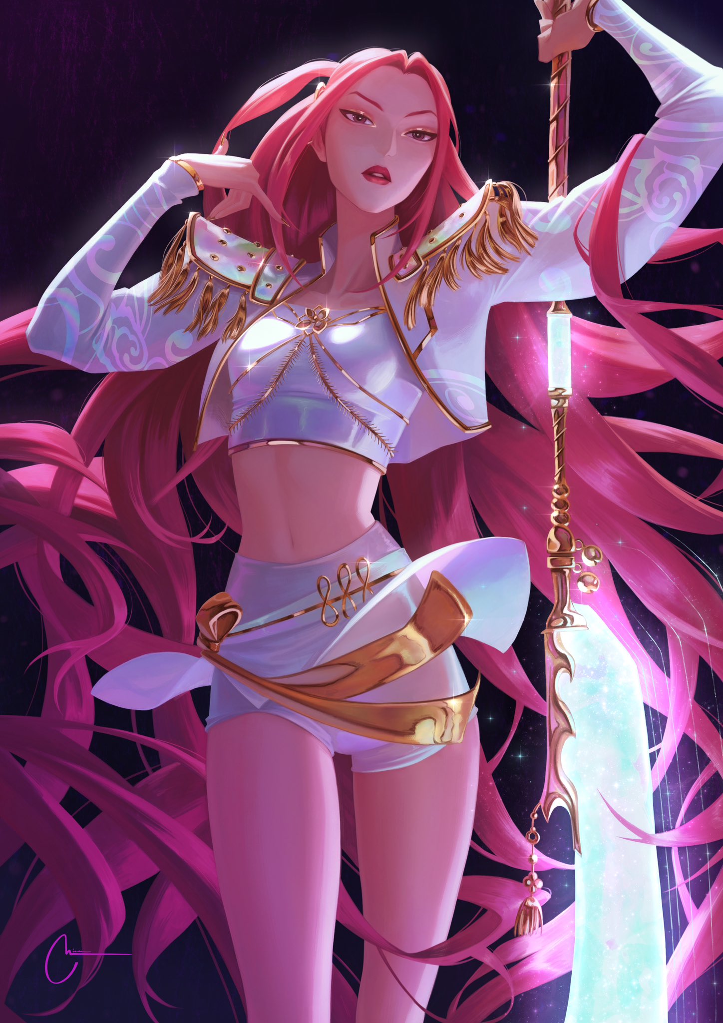 1girl, artnikita, crop_top, cropped_jacket, dark_background, epaulettes, glowing, glowing_weapon, highres, holding, holding_polearm, holding_weapon, jacket, kpop_demon_hunters, long_hair, mira_(kpop_demon_hunters), naginata, parted_lips, pink_hair, polearm, red_lips, sash, short_shorts, shorts, solo, thighs, very_long_hair, waist_sash, weapon, white_jacket, white_shorts
