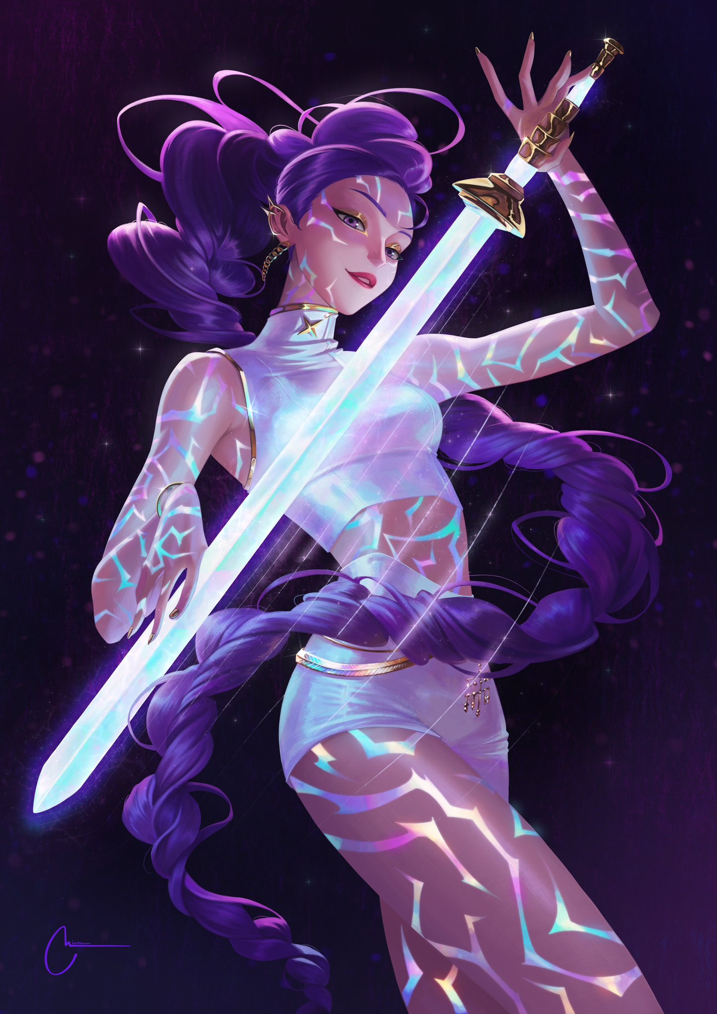 1girl, artnikita, body_markings, crop_top, dark_background, dutch_braided_ponytail, glowing, glowing_markings