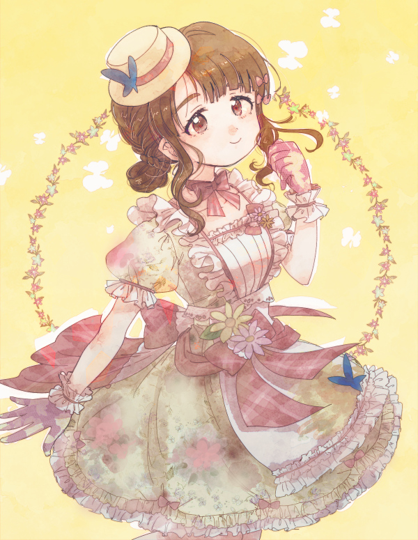 1girl, asymmetrical_bangs, blunt_bangs, boater_hat, brown_eyes, brown_hair, butterfly_ornament, closed_mouth