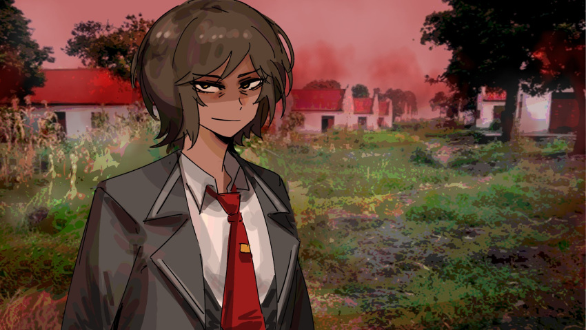 1girl, arczaeon, black_jacket, brown_hair, closed_mouth, collared_shirt, dark-skinned_female, dark_skin