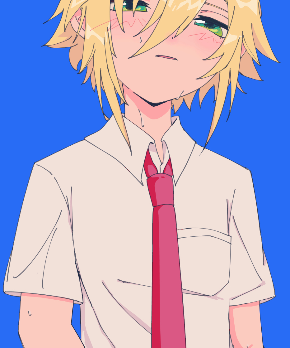 blonde_hair, blue_background, blush, green_eyes, necktie, r7defdupyt83820, red_necktie, sweat