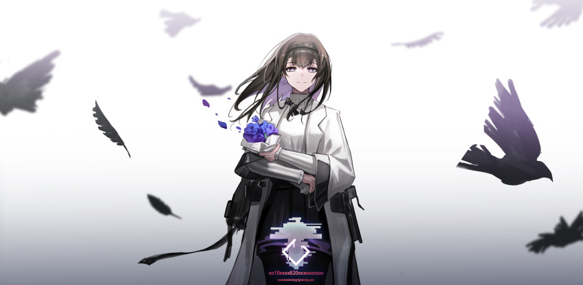 1girl, absurdres, arknights, black_hairband, black_pantyhose, bouquet, brown_hair, chinese_commentary, closed_mouth, coat, colored_inner_hair, commentary_request, cowboy_shot, feathers, floating_hair, flower, gradient_background, grey_background, hairband, highres, holding, holding_bouquet, lab_coat, long_hair, long_sleeves, looking_at_viewer, multicolored_hair, open_clothes, open_coat, pantyhose, partial_commentary, petals, priestess_(arknights), prts_logo_(arknights), purple_flower, purple_hair, qilin1213, smile, solo, standing, sweater, turtleneck, turtleneck_sweater, violet_eyes, white_background, white_coat, white_sweater, wind