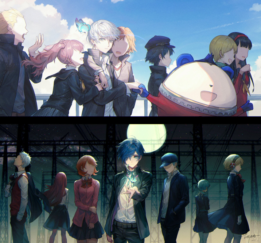 6+boys, 6+girls, aigis_(persona), amagi_yukiko, animal_costume, arm_around_shoulder, black_coat, black_hair, black_jacket, black_skirt, black_sky, blonde_hair, blue_hair, blue_hat, blue_sky, bow, bowtie, brown_hair, bug, butterfly, clouds, cloudy_sky, coat, dappled_moonlight, dappled_sunlight, dress_shirt, faceless, faceless_female, faceless_male, facing_another, facing_away, facing_to_the_side, facing_viewer, full_moon, green_sweater, grey_hair, hair_over_one_eye, hairband, hanamura_yousuke, hand_up, hands_in_pockets, happy, hat, highres, holding_hands, holding_own_arm, holding_unworn_jacket, indoors, iori_junpei, jacket, jacket_over_shoulder, kirijou_mitsuru, kotomeiro, kujikawa_rise, kuma_(persona_4), looking_at_another, looking_to_the_side, looking_up, moon, moonlight, multiple_boys, multiple_girls, narukami_yu, newsboy_cap, night, night_sky, one_eye_covered, open_clothes, open_coat, open_hand, open_jacket, open_mouth, outdoors, outstretched_arms, persona, persona_3, persona_4, pink_sweater, pleated_skirt, ponytail, popped_collar, red_bow, red_bowtie, red_hairband, red_shirt, red_vest, sanada_akihiko, satonaka_chie, school_uniform, shirogane_naoto, shirt, skirt, sky, sunlight, sweater, takeba_yukari, tatsumi_kanji, truss, two-tone_background, untucked_shirt, unworn_jacket, vest, warehouse, white_shirt, yamagishi_fuuka, yawning, yuuki_makoto_(persona_3)