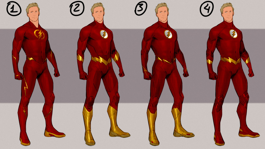 1boy, absurdres, barry_allen, blonde_hair, boots, dc_comics, filipe_sca, gloves