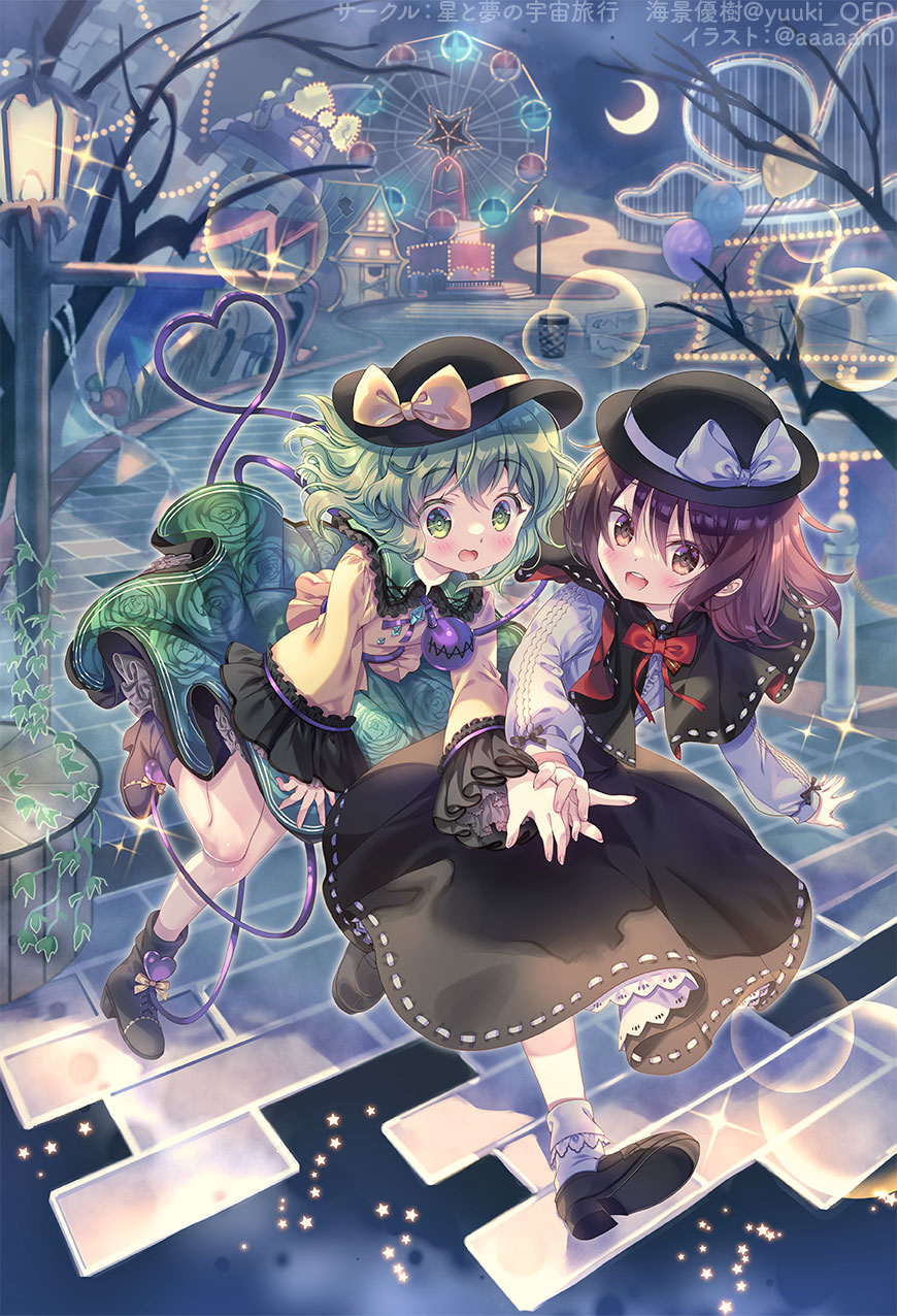 2girls, amo_(shibu3), black_boots, black_capelet, black_dress, black_hat, boots, bow