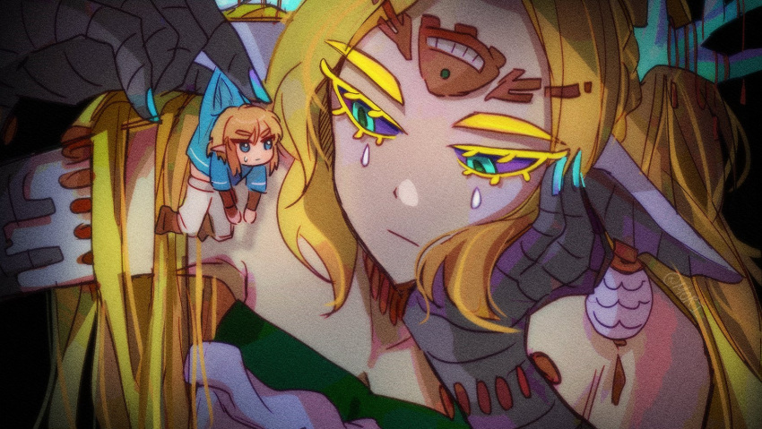 1boy, 1girl, alternate_form, bare_shoulders, blonde_hair, bracelet, circle, colored_sclera, dragon_girl, dragon_horns, dress, earrings, giant, giantess, hand_on_own_face, highres, horns, jewelry, lifting_person, light_dragon_(zelda), link, looking_at_another, mori_(vvmorivv), pointy_ears, princess_zelda, purple_sclera, strapless, strapless_dress, the_legend_of_zelda, the_legend_of_zelda:_tears_of_the_kingdom