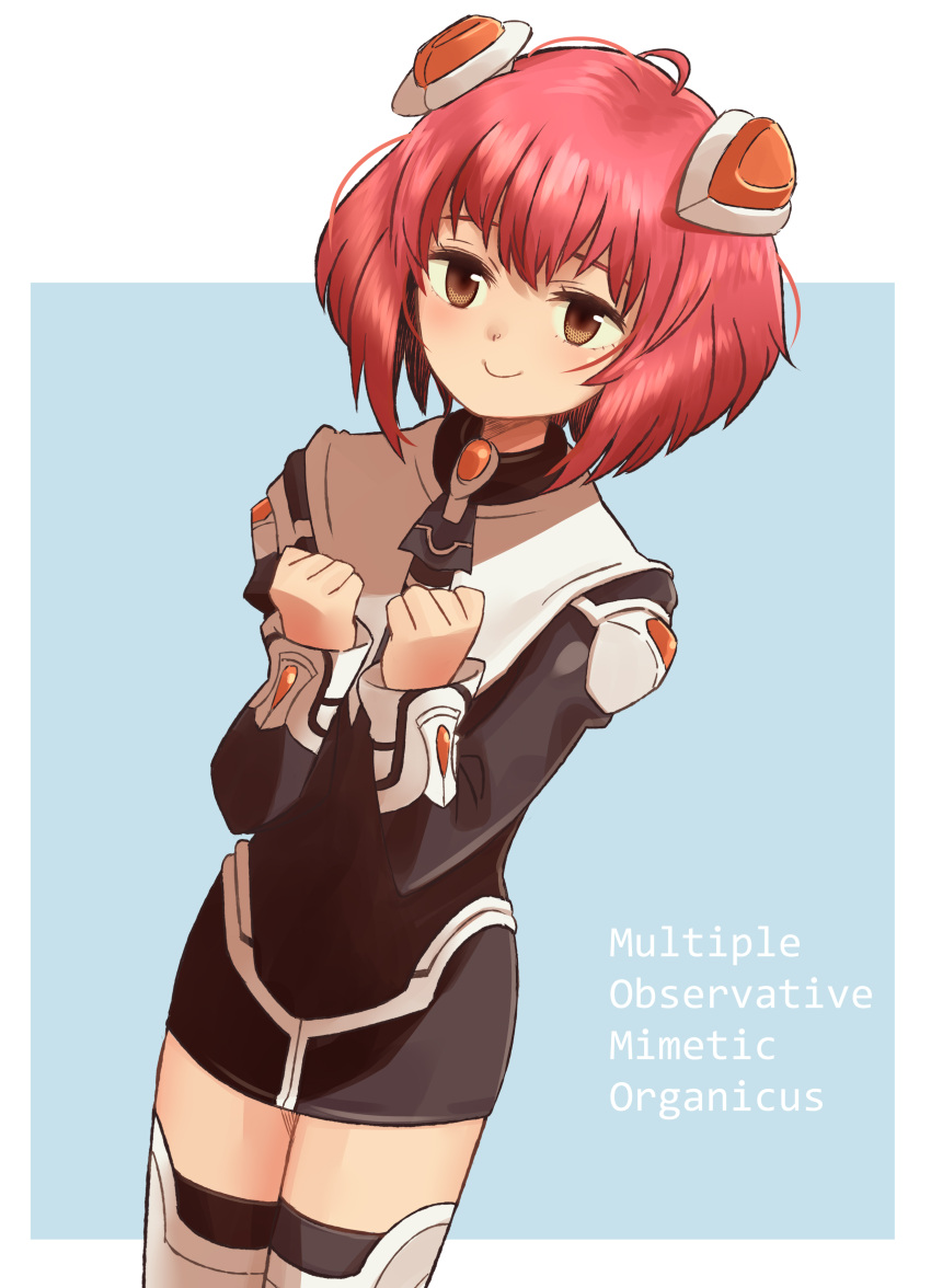 1girl, absurdres, arms_up, black_dress, blue_background, border, brown_eyes, character_name