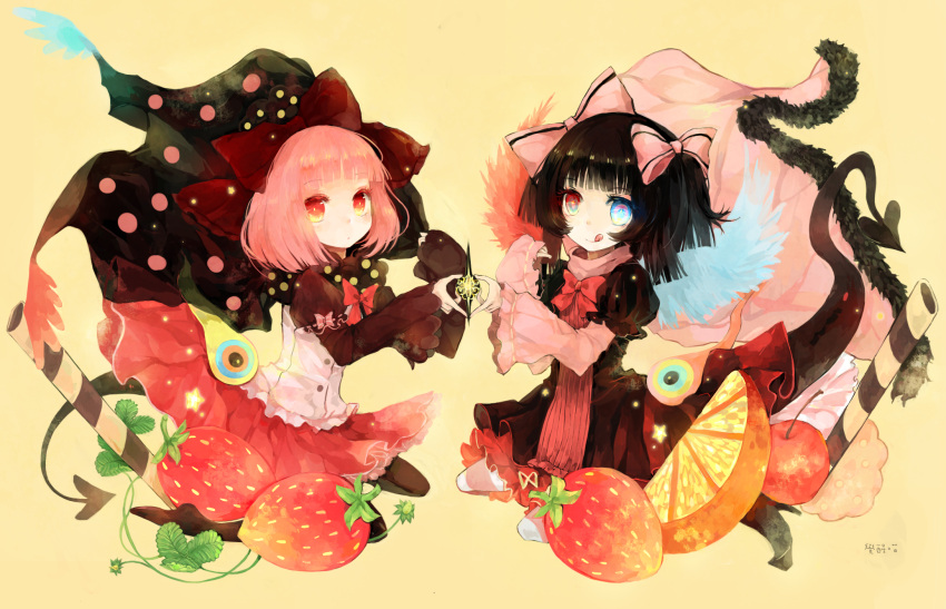 :q, black_hair, blue_eyes, bow, cape, charlotte_(madoka_magica), dual_persona, food