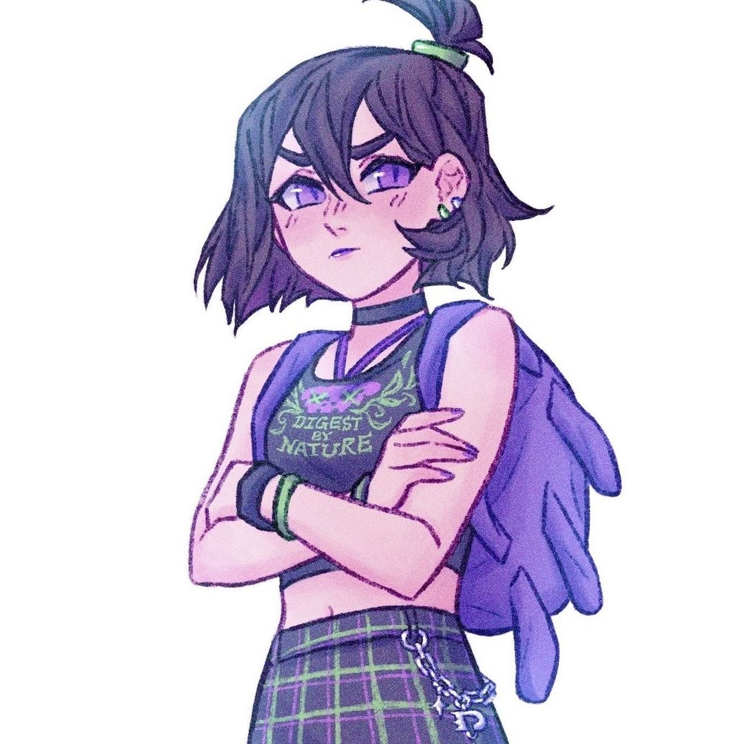 1girl, backpack, bag, black_choker, black_hair, black_skirt, black_tank_top, byghostface