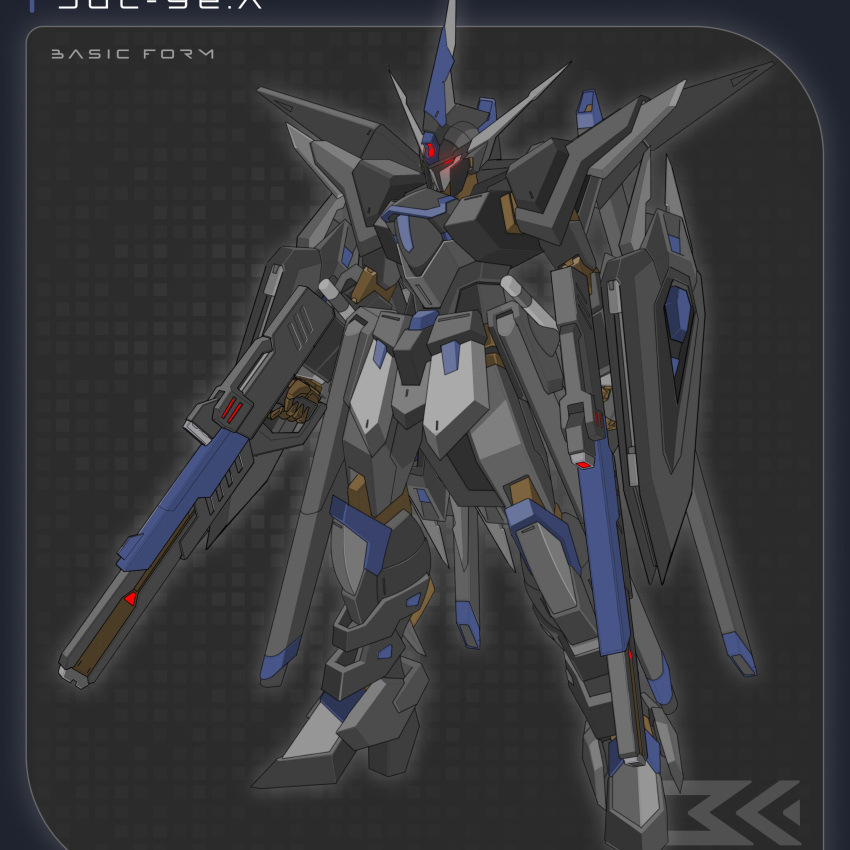 absurdres, beam_rifle, black_knight_squad_shi-ve.a, energy_gun, energy_sword, english_commentary, fusion, glowing